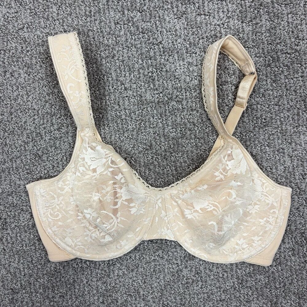 Playtex Secrets Bra Womens 36D Beige Lace Floral Minimizer Full Coverage Support